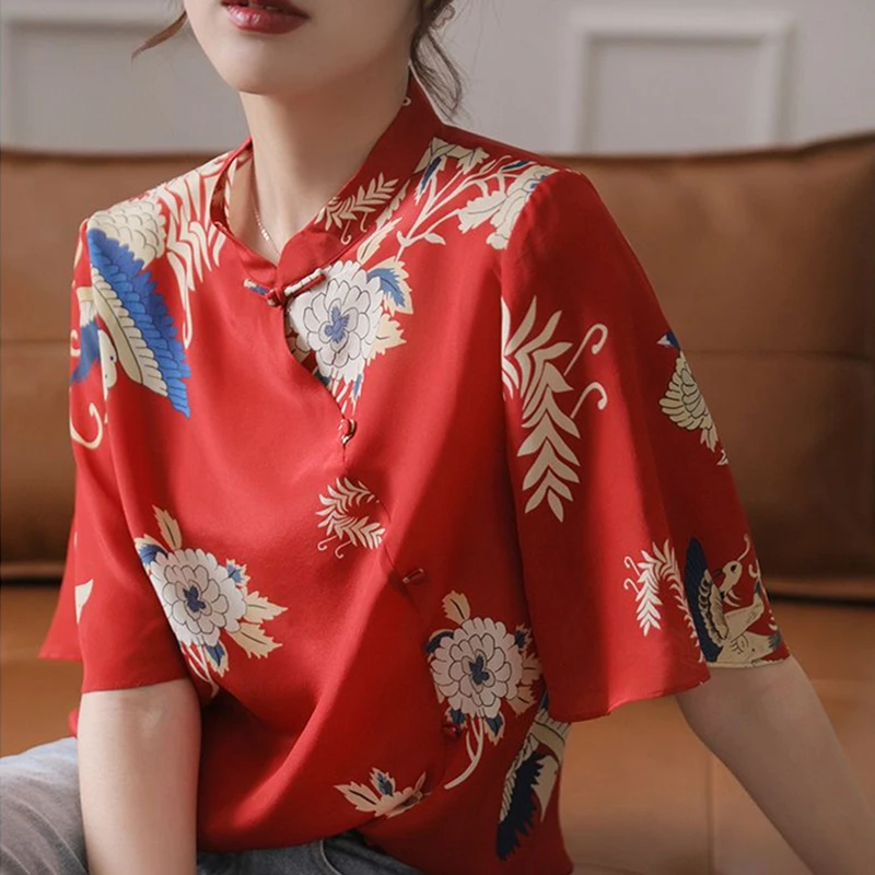 Блузка женская с воротником-стойкой Шелковый топ в китайском стиле винтажным