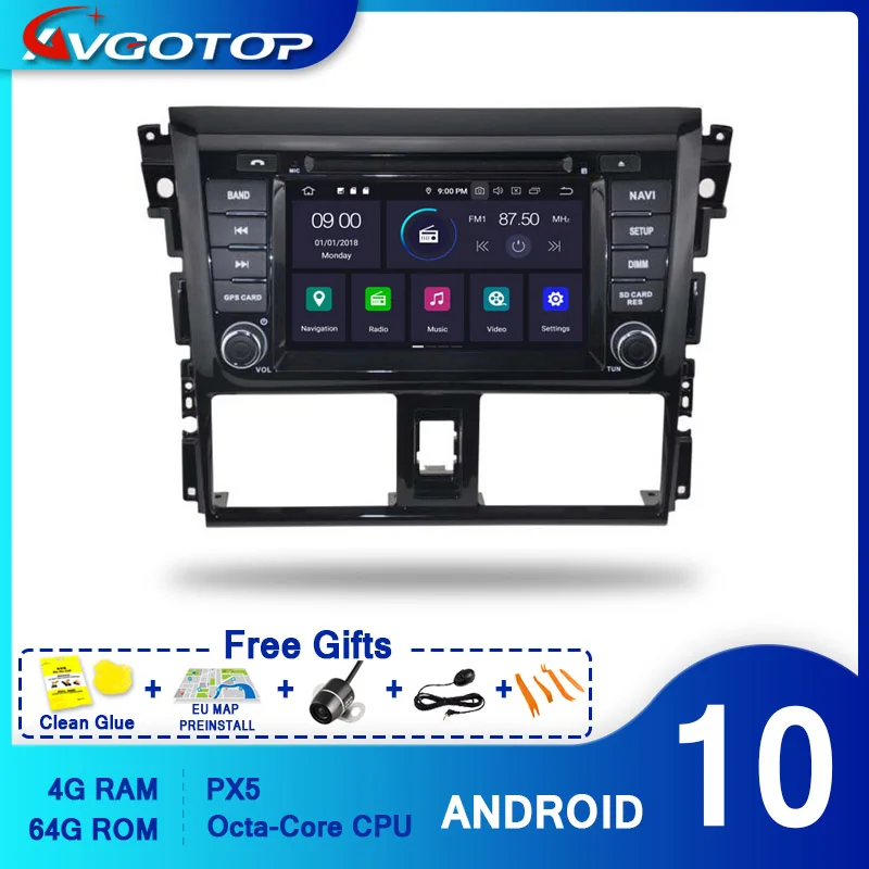 AVGOTOP Android 10 автомобильный DVD-плеер для TOYOTA YARIS 2014 Carplay Авторадио IPS HD экран навигация