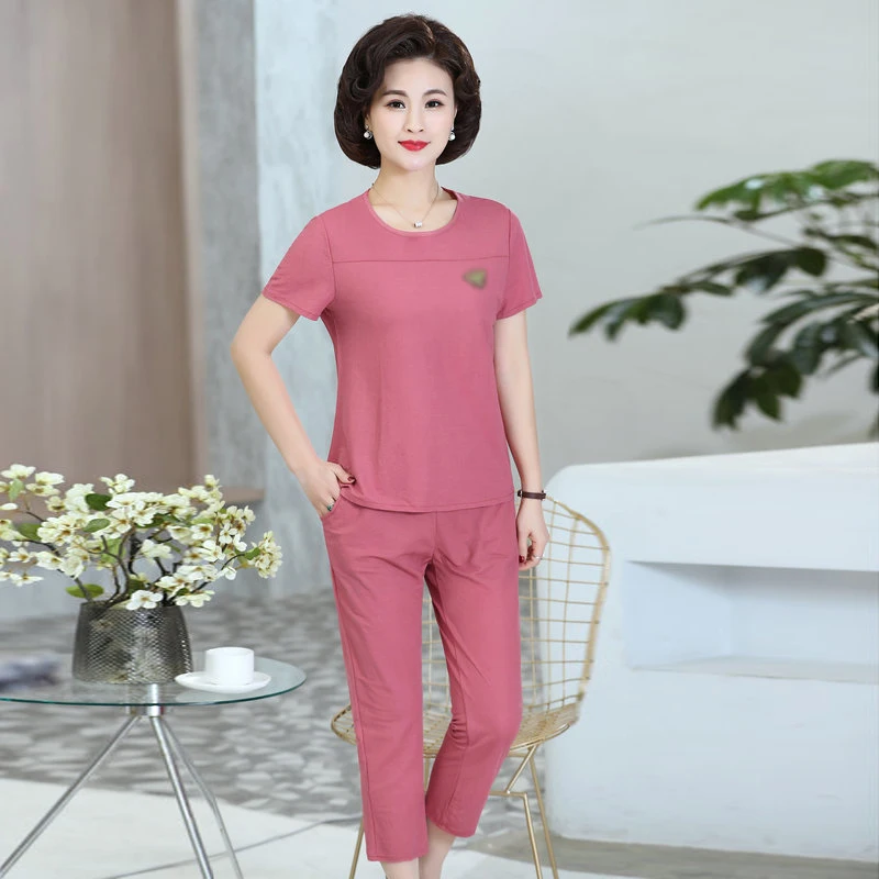 

Women Summer Red Pink Twinset Solid Colour Short Sleeve Tops And Cropped Pants Suit 2 Pieces Set Female Top And Crop Trouser Set