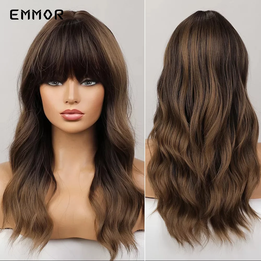 

Emmor Synthetic Chestnut Brown Wig with Bangs for Women Natural Long Water Wavy Cosplay Hairstyle Heat Resistant Fiber Hair Wigs