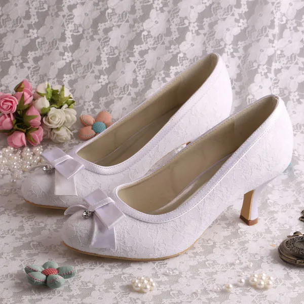 

Wedopus Closed Toe Wedding Lace Shoes for Bride Mid Heel no Tie Shoe Laces Ivory Prom Pumps