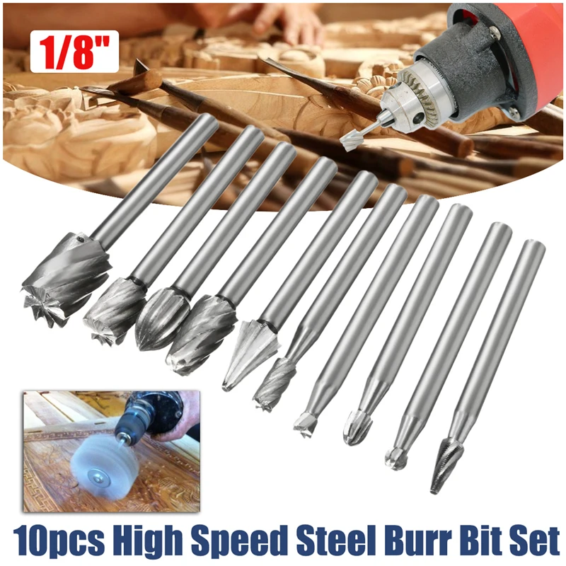 10pcs HSS 1/8 Inch Shank Milling Rotary File Burrs Bit Set Wood Carving Rasps Router Bits Grinding Head Steel Abrasive Tool
10pcs HSS 1/8 Inch Shank Milling Rotary File Burrs Bit Set Wood Carving Rasps Router Bits Grinding Head Steel Abrasive Tool