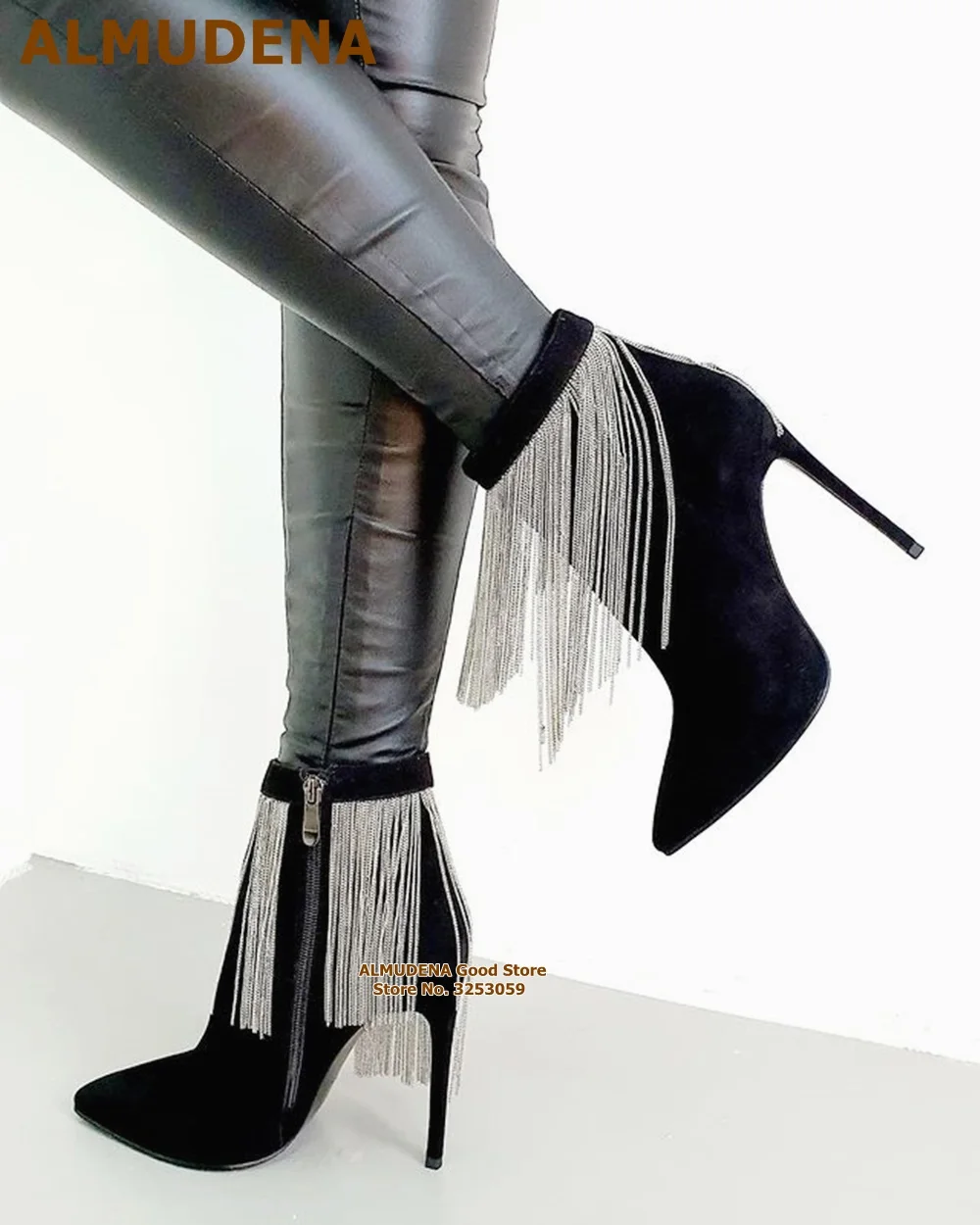 

ALMUDENA Black Suede Metal Chain Fringe Ankle Boots Stiletto Heels Pointed Toe Tassel Short Booties Luxury Banquet Dress Shoes