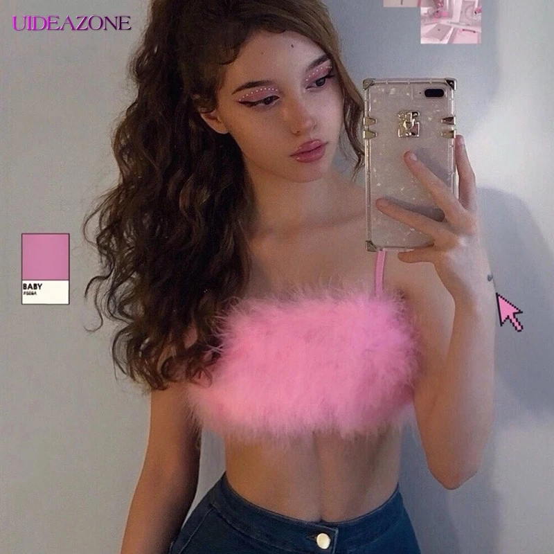 UIDEAZONE сексуальный розовый меховой топ на бретельках Kawaii укороченный без рукавов