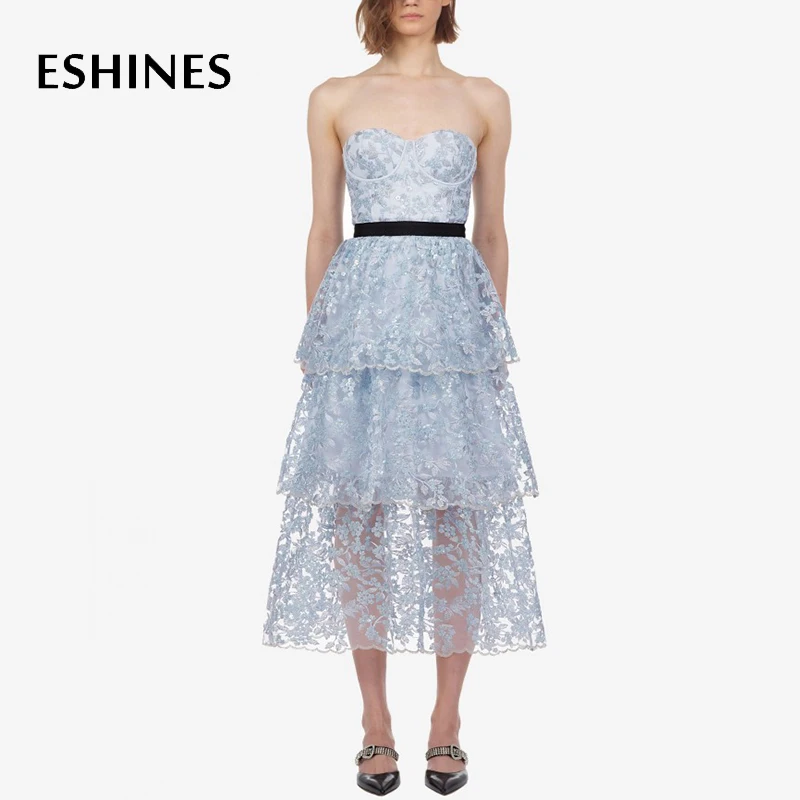 ESHINES High End Designer Midi Dress Summer Sweet Light Blue Sequined A-Line Strapless Embroidered Mesh Backless Cake Dress
ESHINES High End Designer Midi Dress Summer Sweet Light Blue Sequined A-Line Strapless Embroidered Mesh Backless Cake Dress