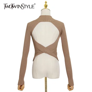 TWOTWINSTYLE Cross Backless T Shirt For Women Turtleneck Long Sleeve Slim Knitted T Shirts Female 2020 Fashion New Clothing
TWOTWINSTYLE Cross Backless T Shirt For Women Turtleneck Long Sleeve Slim Knitted T Shirts Female 2020 Fashion New Clothing