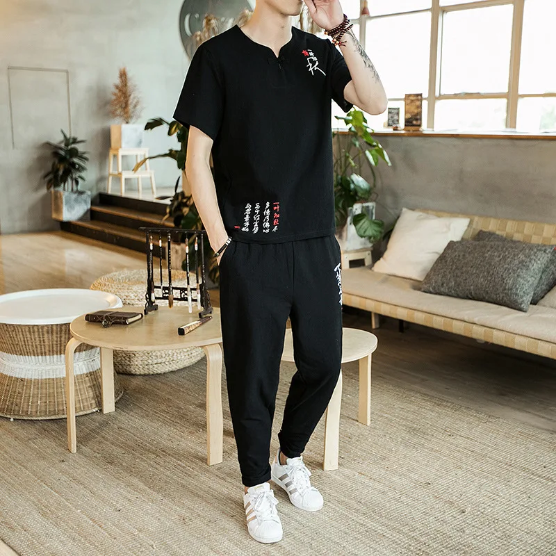 Chinese-style Flax Set MEN'S Short Sleeve Summer Embroidered T-shirt Men's Large Size Loose-Fit T-shirt Casual Capri Pants Two-P
Chinese-style Flax Set MEN'S Short Sleeve Summer Embroidered T-shirt Men's Large Size Loose-Fit T-shirt Casual Capri Pants Two-P