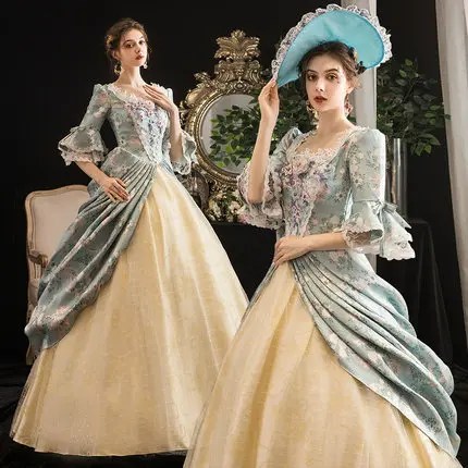 

100%real light blue flower printing princess medieval ball gown fairy dress European court Gown queen Victorian Belle /ball gown