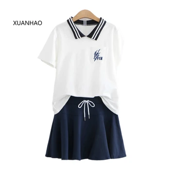 Letter Embroidery Turndown Collar Cotton T Shirts And Drawstring Mini Pleated Skirt Set Sweet Style Summer Women Two Piece Set
Letter Embroidery Turndown Collar Cotton T Shirts And Drawstring Mini Pleated Skirt Set Sweet Style Summer Women Two Piece Set