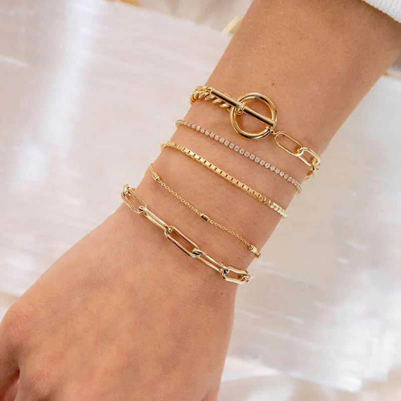 5 Pcs/ Set Women Bracelets Set Classic Round Geometry Bead Chain Gem Multilayer Gold Bracelet Creative Lady Jewelry Accessories
5 Pcs/ Set Women Bracelets Set Classic Round Geometry Bead Chain Gem Multilayer Gold Bracelet Creative Lady Jewelry Accessories