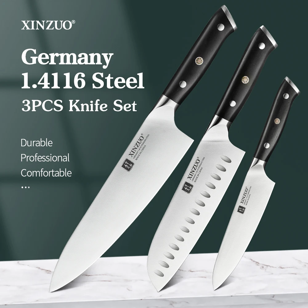 

XINZUO 3PCS Knife Set 1.4116 Stainless Steel 5" Utility 7"Santoku 8.5"Chef Slicing Knives Peeling Janpanse Vege Cleaver Knives