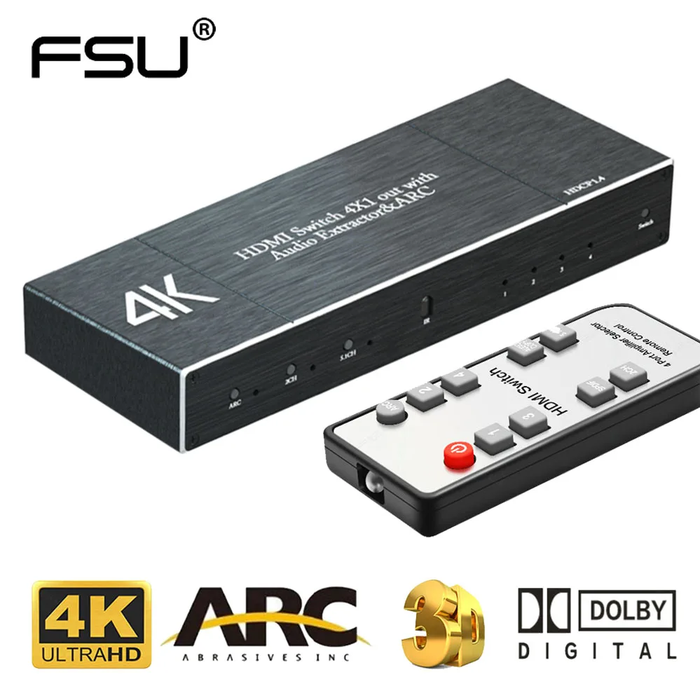 HDMI Matrix 4k 60Hz 2.0 Switcher Splitter 4 IN 1 OUT SPDIF +3.5mm Audio Extractor & ARC HDR HDCP 2.2 With IR Remote Adapter |