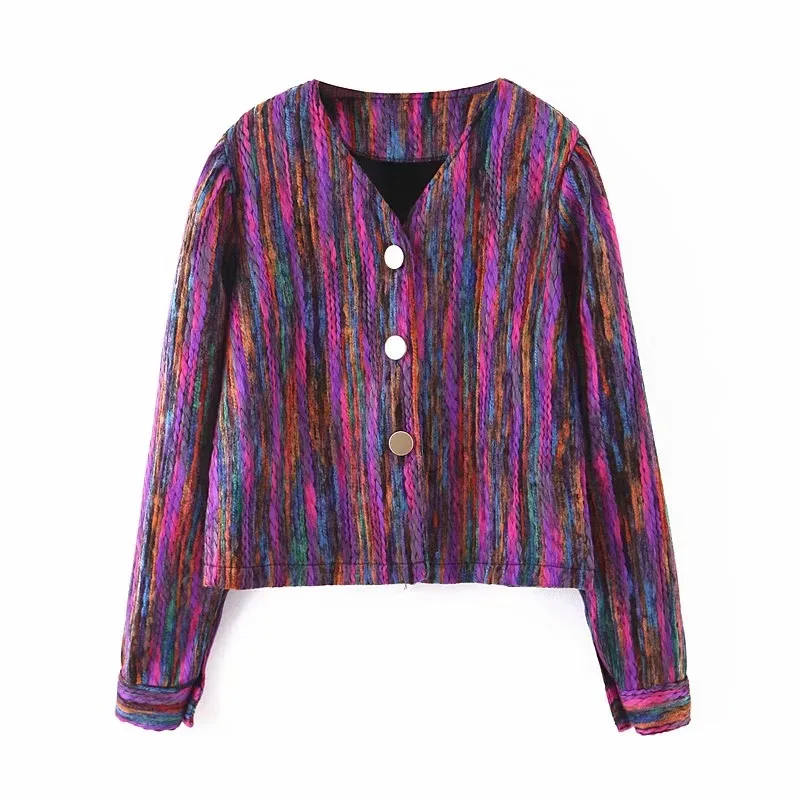 25ryy-7383 Retro Sense of Design Loose-Fit Rainbow Stripe Spell Color Metal Buckle Knitted Coat Jacket
25ryy-7383 Retro Sense of Design Loose-Fit Rainbow Stripe Spell Color Metal Buckle Knitted Coat Jacket