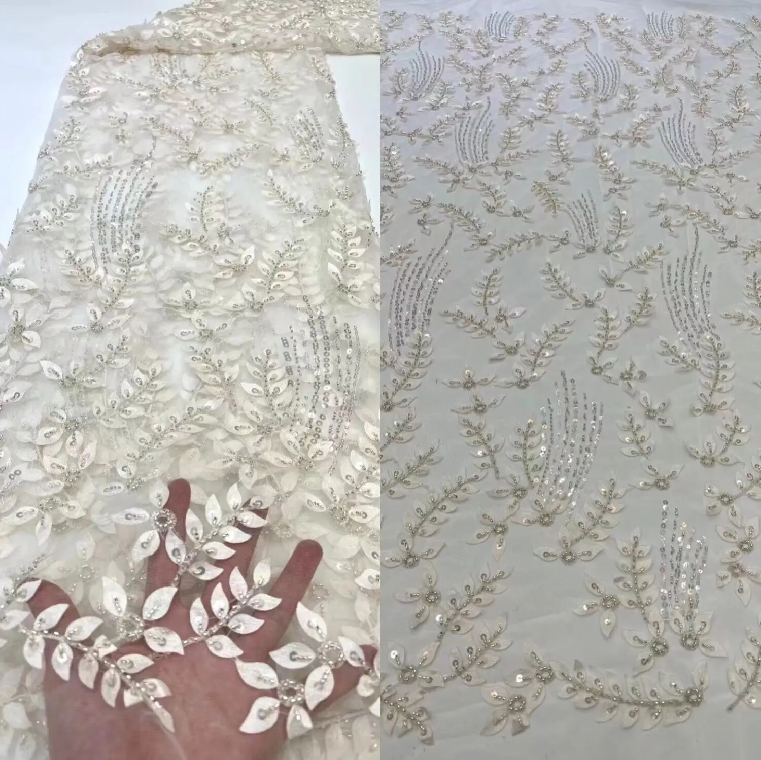 

Hot sale nigerian african lace fabrics french J-1088681 tulle bridal lace fabric with beads and sequins for wedding party dress