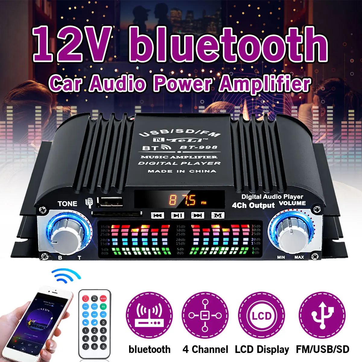 BT-998 Hifi Audio Home Digital Amplifiers Car Audio Bass Power bluetooth Amplifier FM USB SD Radio Subwoofer Speakers 12V/220V
BT-998 Hifi Audio Home Digital Amplifiers Car Audio Bass Power bluetooth Amplifier FM USB SD Radio Subwoofer Speakers 12V/220V