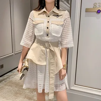 Vintage Summer Dress Hollow Out Mid Sleeve Single-breasted With Pockets Elastic Waist With Khaki Belts Shirt Dress Vestidos
Vintage Summer Dress Hollow Out Mid Sleeve Single-breasted With Pockets Elastic Waist With Khaki Belts Shirt Dress Vestidos