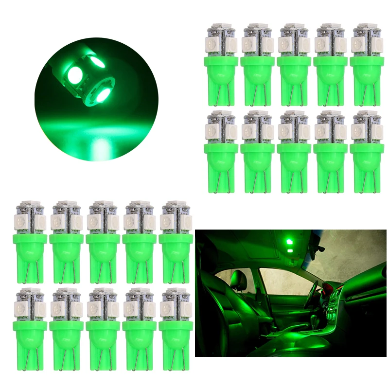 

20Pcs T10 Green Wedge 5SMD 5050 LED Bulbs W5W 2825 192 168 194 Car Interior Reading Dome Trunk License Plate Lights 12V 24V