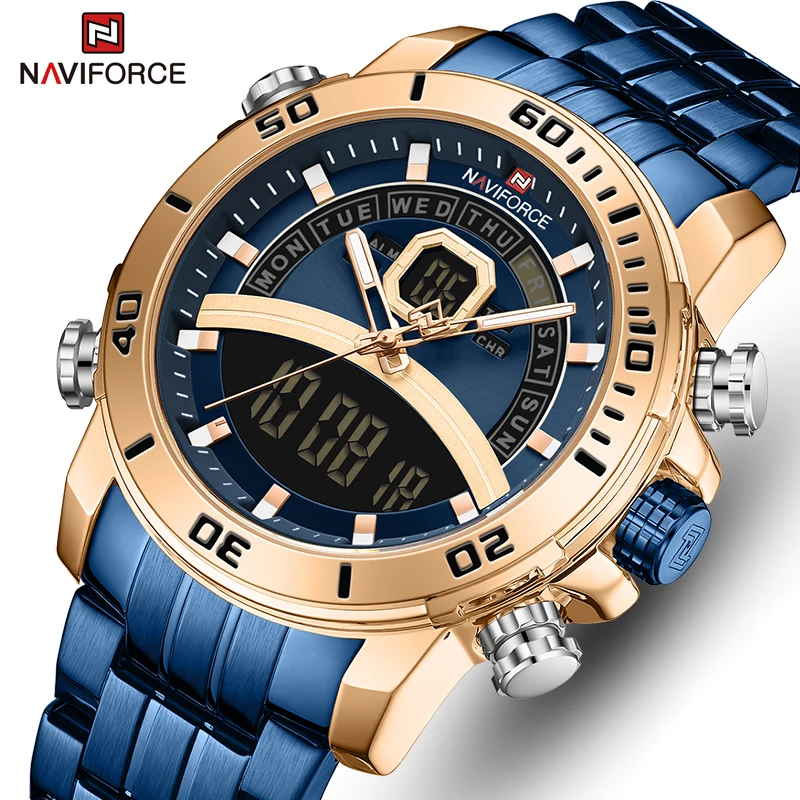 

NAVIFORCE Sport Watch Men Fashion Brand Luxury Stainless Steel Waterproof Wristwatch LED Stopwatch Digital Quartz Male Clock