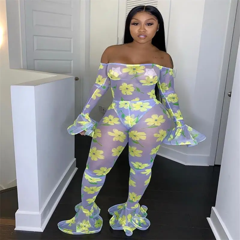 Slash Neck Sexy See Through Flare Jumpsuit Women Back Zipper Long Flare Sleeve Party Romper Floral Printed Purple Overall YT3172
Slash Neck Sexy See Through Flare Jumpsuit Women Back Zipper Long Flare Sleeve Party Romper Floral Printed Purple Overall YT3172