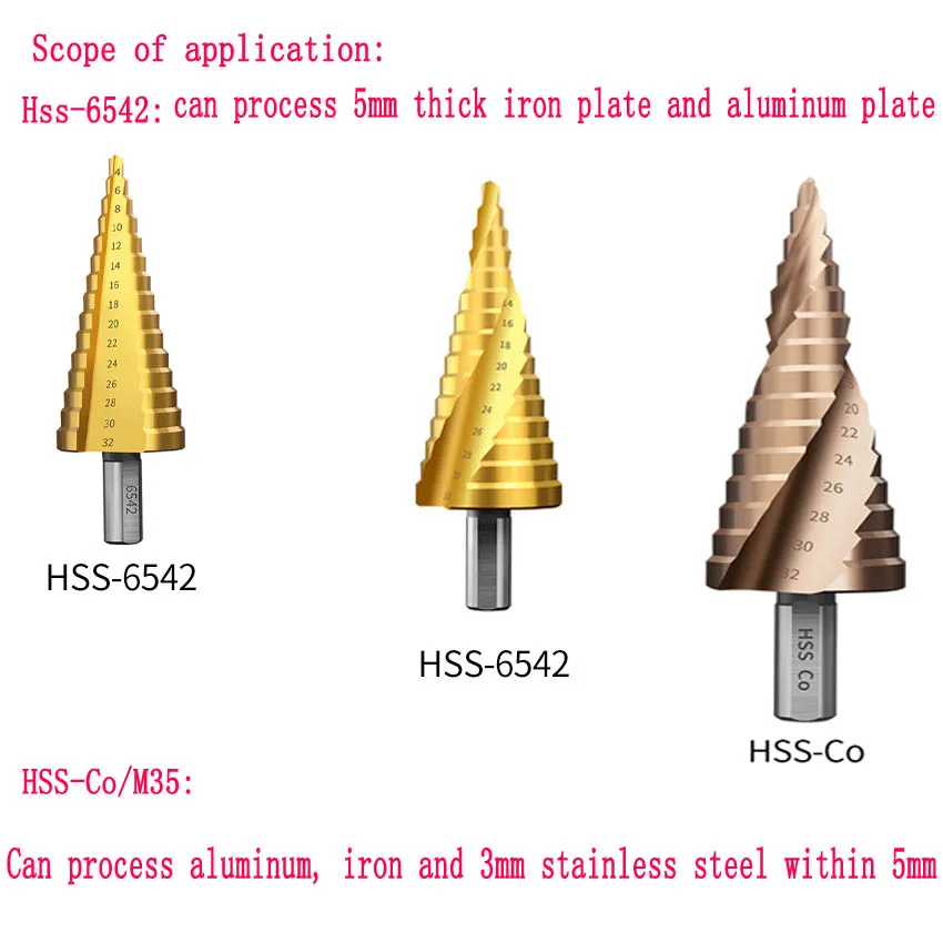 Multi-size HSS Steel Titanium Step Drill Bits 4-12/4-20/4-32mm Step Cone Cutting Tools Steel Woodworking Wood Metal Drilling
Multi-size HSS Steel Titanium Step Drill Bits 4-12/4-20/4-32mm Step Cone Cutting Tools Steel Woodworking Wood Metal Drilling