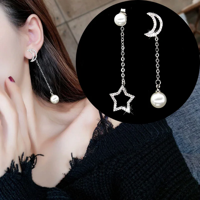 Korean Fashion Jewelry Asymmetry Rhinestones Star Moon Pearl Tassel Earrings for Women Wedding Trendy Jewelry Earrings 
Korean Fashion Jewelry Asymmetry Rhinestones Star Moon Pearl Tassel Earrings for Women Wedding Trendy Jewelry Earrings