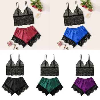 Fashion Lace Patchwork Pajama Set High Quality V Neck Sleeveless Cami Top + Short Sexy Lingerie Female Sleepwear Set 
Fashion Lace Patchwork Pajama Set High Quality V Neck Sleeveless Cami Top + Short Sexy Lingerie Female Sleepwear Set