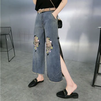 Ozhouzhan 2020 Spring WOMEN'S Pants Nostalgic Retro Denim Blue with Holes Sequin Wide-Leg Side Slit Harem Outing Fashion Pants
Ozhouzhan 2020 Spring WOMEN'S Pants Nostalgic Retro Denim Blue with Holes Sequin Wide-Leg Side Slit Harem Outing Fashion Pants