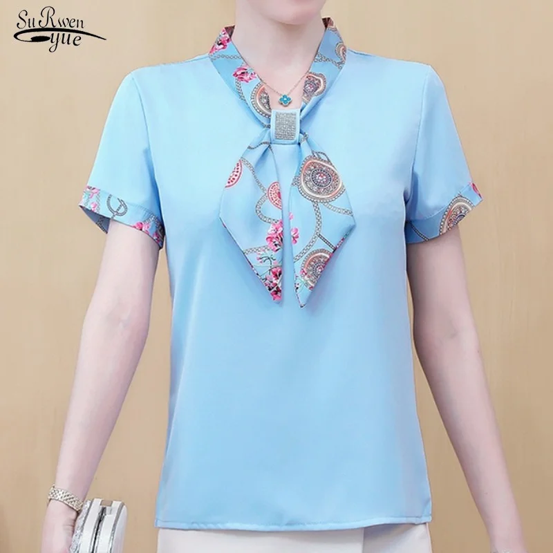 

Летняя Повседневная элегантная дикая шифоновая блузка с коротким рукавом, однотонная печатная рубашка с бантом и бриллиантами, комфортная Классическая Ретро блузка 2023, 9528