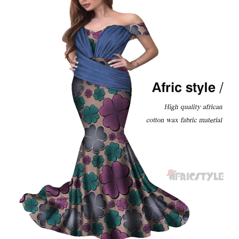 

2020 Afric Style 100% Wax Fabric Women Bell Bottom Dashiki Print African Style Casual Clubwear Party Long Dress WY6815