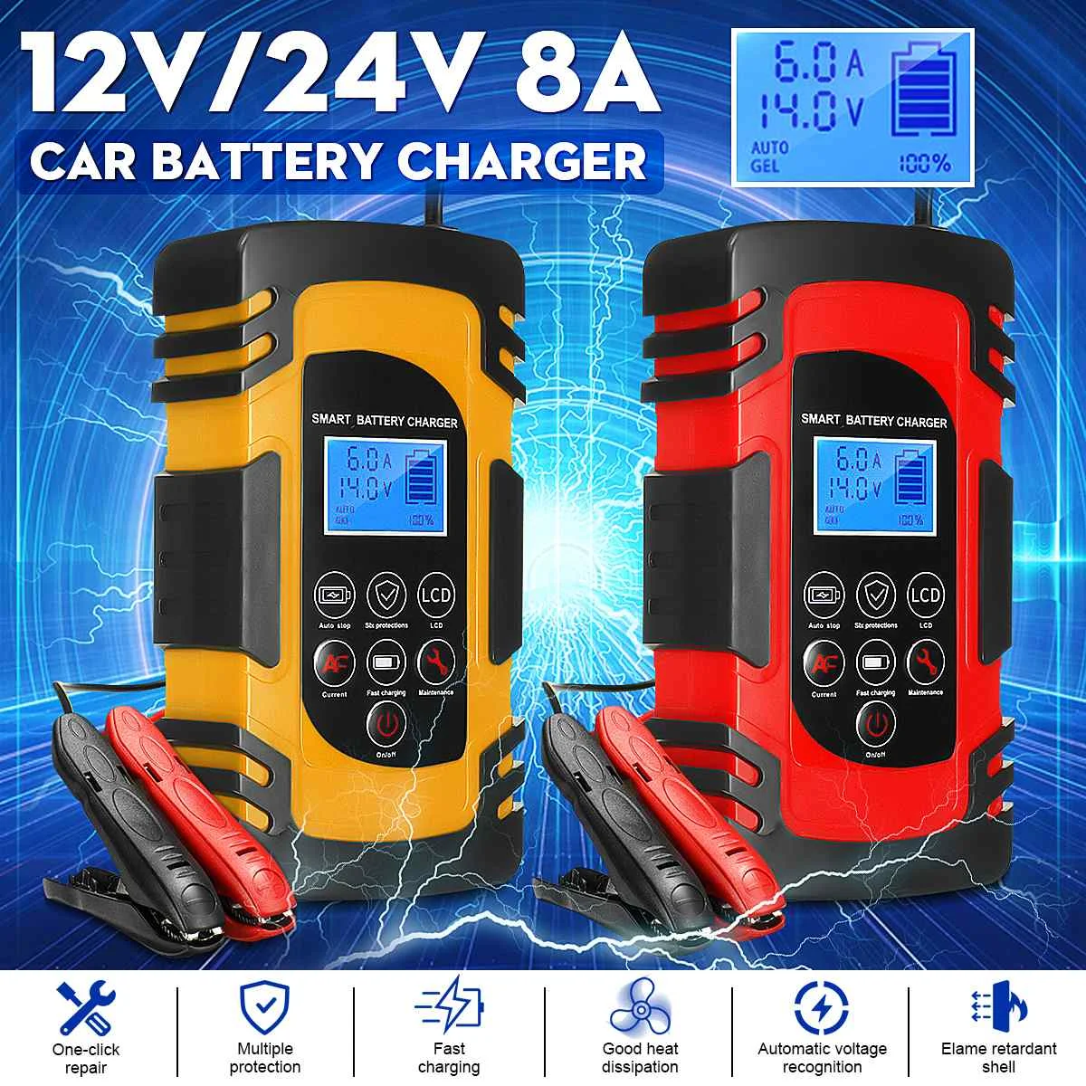 12V-24V 8A Full Automatic Car Battery Charger Touchable Pulse Repair LCD Battery Charger Wet Dry Car Motorcycle Lead Acid Batt
12V-24V 8A Full Automatic Car Battery Charger Touchable Pulse Repair LCD Battery Charger Wet Dry Car Motorcycle Lead Acid Batt