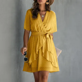 Newest Summer Yellow V-neck Women Dress Elegant Short Sleeve Loose Ruffle Splice Bandage Waist Casual Mini Dress Robe Femme
Newest Summer Yellow V-neck Women Dress Elegant Short Sleeve Loose Ruffle Splice Bandage Waist Casual Mini Dress Robe Femme