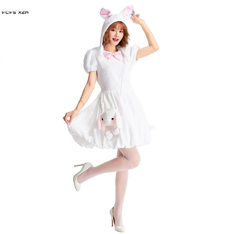 

Cute Women White Rabbit Cosplay Female Halloween Bunny Costume Carnival Animal Pajamas Purim Nightclub Bar Role Play Party Dress