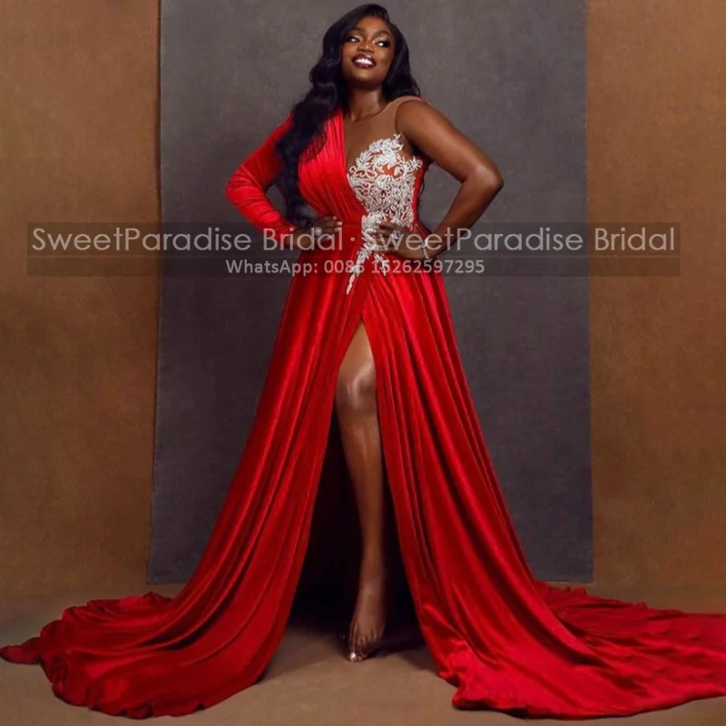 Sexy High Split A Line Evening Dresses Single Long Sleeves White Appliques Sheer Neck Aso Ebi Women Prom Dress Party Gown
Sexy High Split A Line Evening Dresses Single Long Sleeves White Appliques Sheer Neck Aso Ebi Women Prom Dress Party Gown