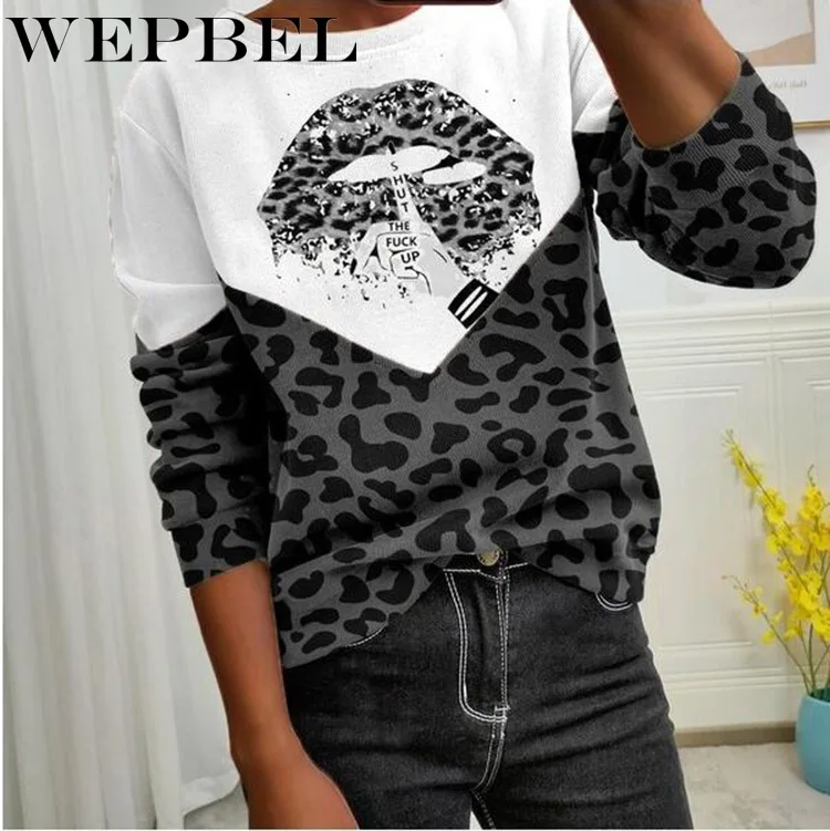 

WEPBEL Autumn Winter Leopard Print Lip Printings Sweatshirt Women's Casual Long Sleeve O-Neck Loose Pullover Sweatshirt