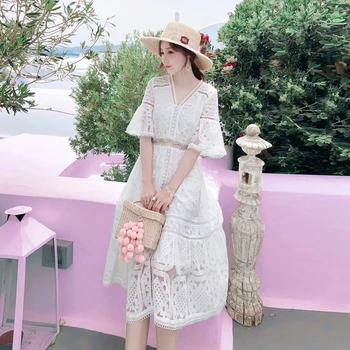 short sleeve white high waist lace dress women v neck loose bohemian people beach boho dresses hollow out vestidos Solid 
short sleeve white high waist lace dress women v neck loose bohemian people beach boho dresses hollow out vestidos Solid