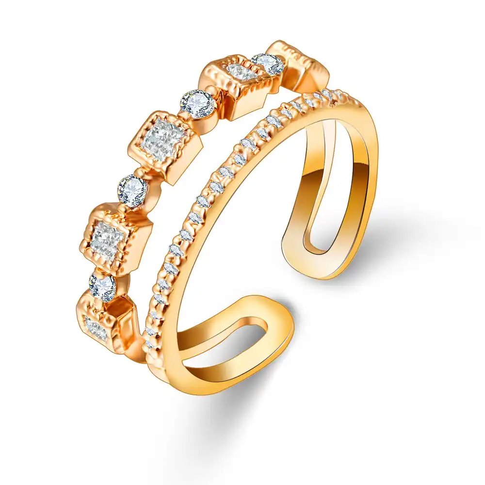 small fresh crystal double layer golden opening rings for women