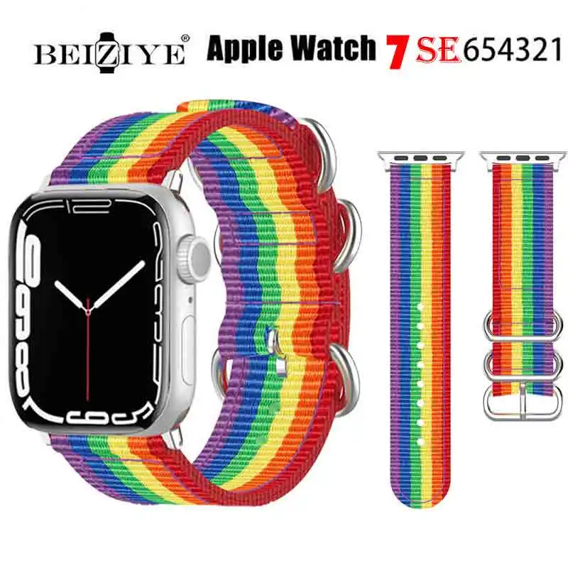 

Nylon Watchband For apple watch 41mm 45mm 38mm 40mm 42mm 44mm Rainbow Strap Bracelet correa for iWatch series SE 7 6 5 4 3 2 1