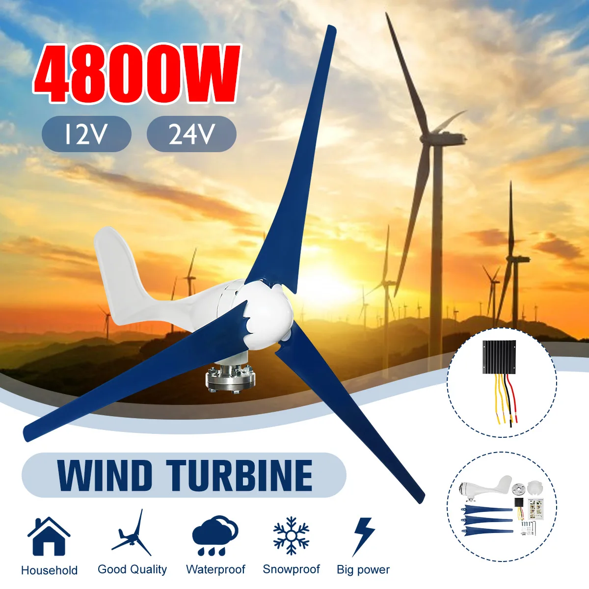 4800W 12V/24V Wind Turbines Generator 3 Blades Horizontal Wind Generator With Controller Windmill Energy Turbines Charge
4800W 12V/24V Wind Turbines Generator 3 Blades Horizontal Wind Generator With Controller Windmill Energy Turbines Charge