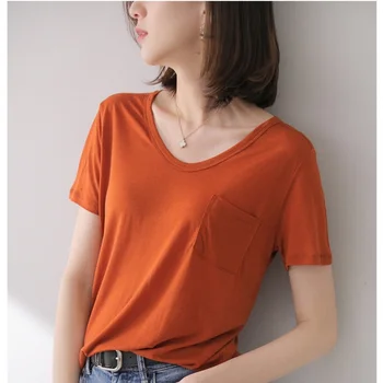 Women O-neck silk short T shirt high quality soft loose pure color tops summer home dress underwear Female clothes
Women O-neck silk short T shirt high quality soft loose pure color tops summer home dress underwear Female clothes