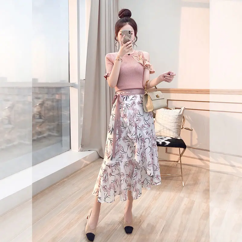 

Women's 2020 Summer Elegante Two Pieces Skirt Set Pink Round Neck Crop Top and Floral Bandage Mermaid Skirt Solid Vestidos FY45