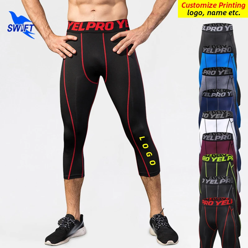 

Customize LOGO Compression Men Sports Capri Pants Quick Dry Elastic Running Tights Gym Fitness Crossfit Sportswear Leggings 3/4