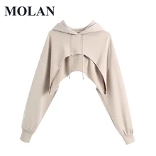 

MOLAN Sweatshirt Women Fashion Ribbed Trims Cropped Hoodie Vintage Long Sleeve Frayed Hem Female Hot Sale Pullovers Chic Tops