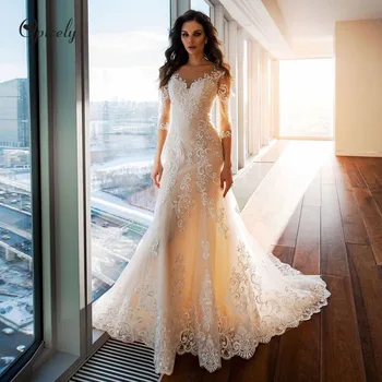 Optcely Sexy Deep V-Neck Three Quarter Sleeve Mermaid Wedding Dresses 2019 Vintage Appliques Sweep Train Bridal Gown Customized 
Optcely Sexy Deep V-Neck Three Quarter Sleeve Mermaid Wedding Dresses 2019 Vintage Appliques Sweep Train Bridal Gown Customized