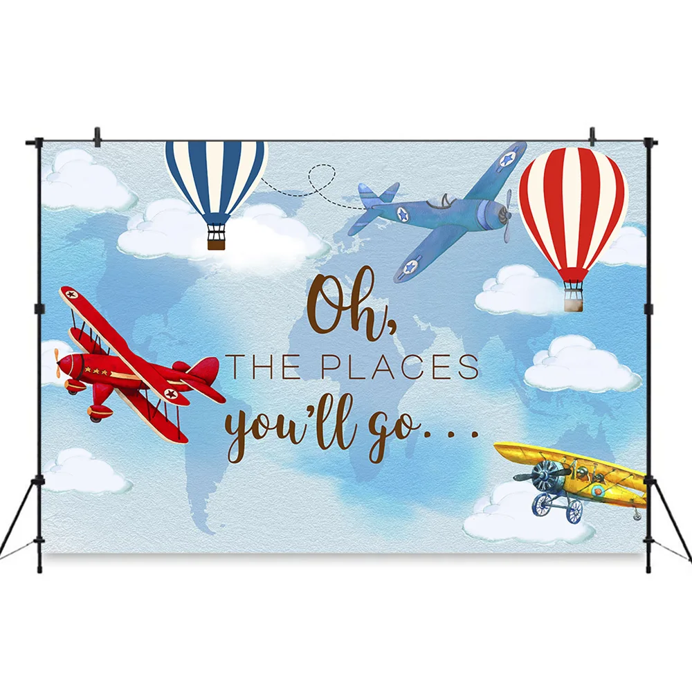 Фото Baby shower Adventure Photography Background Party Air plane Birthday Backdrops Oh the you will go balloon Fantasy Pho | Электроника