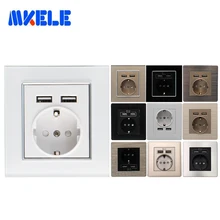 Prise de courant murale Standard de l'ue mise à la terre 16A double Port de chargeur USB pour prise adaptateur Mobile 5V 2.1A PC panneau en acier en aluminium de verre(China)