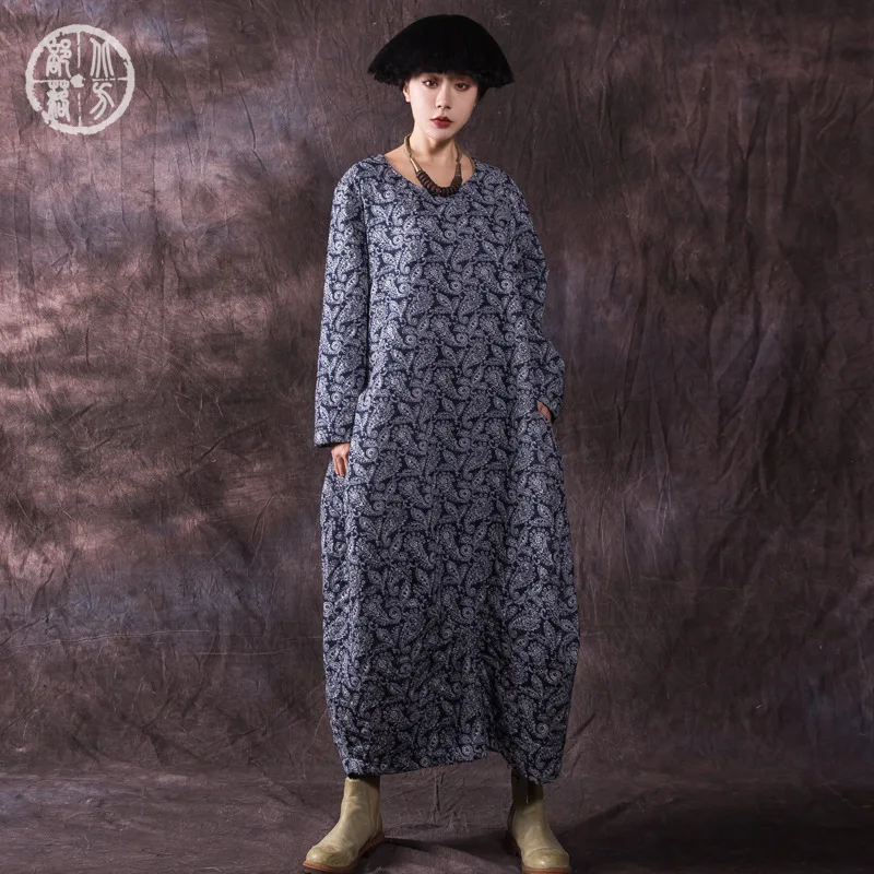 

North Tribe 2019 Winter New Ethnic-Style Long Skirts Cotton Linen Literature And Art Robes Retro Thick Quilted Lantern Dress