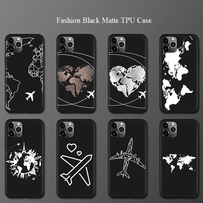 World Map Travel Airplane Pattern Phone Case For iPhone 12 11 Pro XR X Xs Max 8 7 6 6s Plus 5 5S SE 2 2020 Black Matte TPU Cover