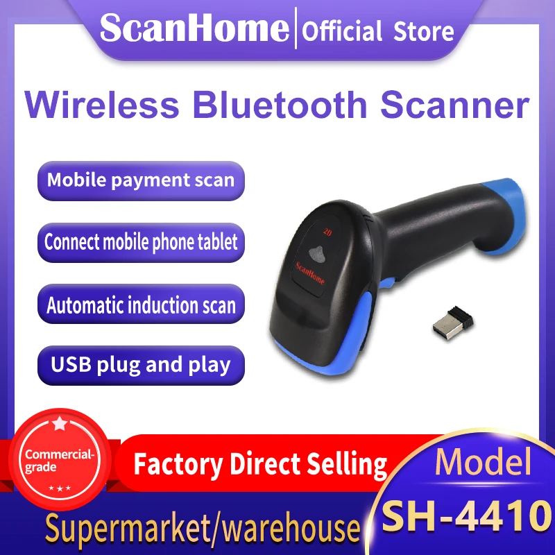 

ScanHome Bluetooth Barcode Scanners Wireless Handheld cordless Barcode Readers 1D/2D QR PDF417Data Matrix Code Scanning SH-4410