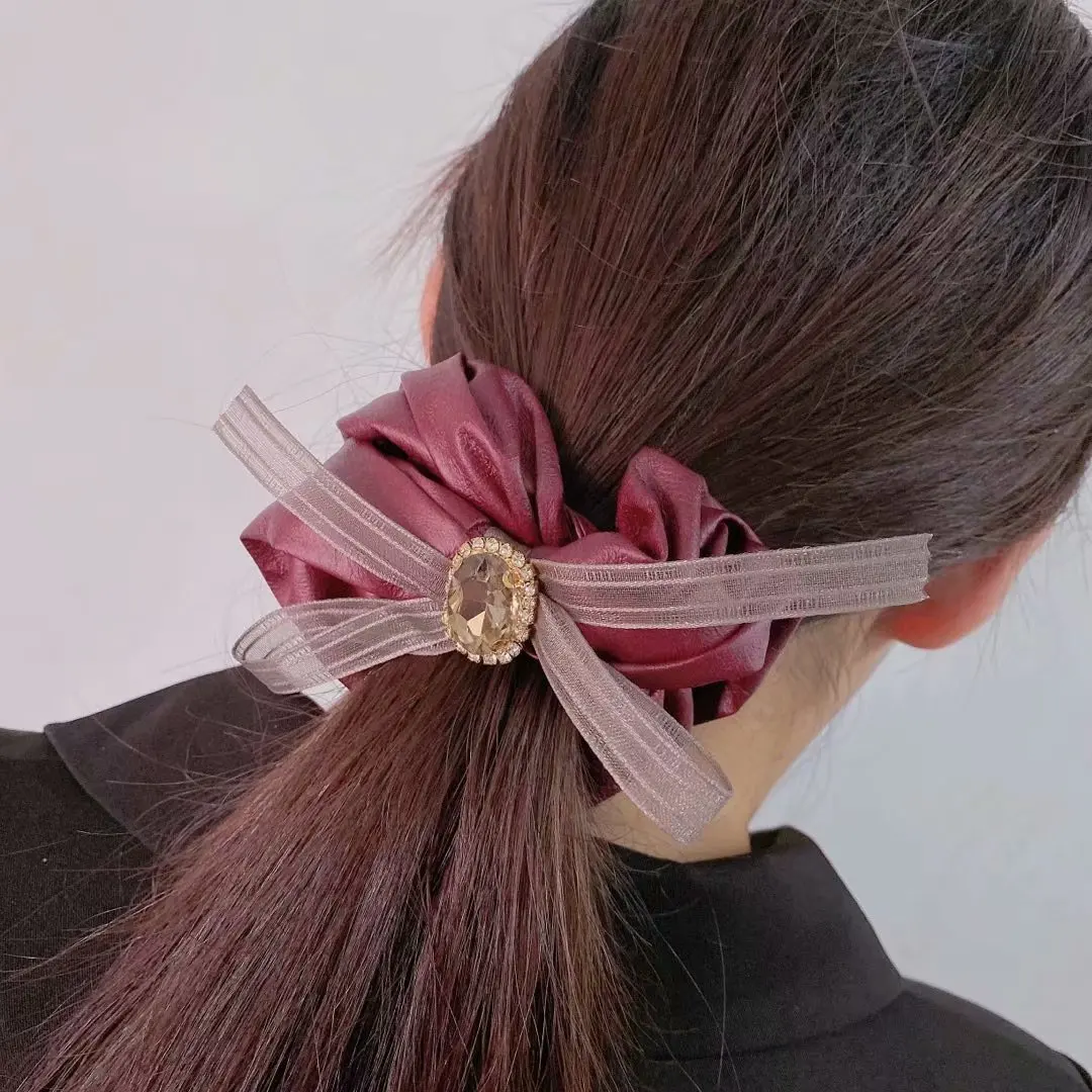 

French Simple Shiny Lace Bow Scrunchies Elastic Hair Band Ponytail Holder Hairbands Crystal Women Girls Hair Accessories Gifts
