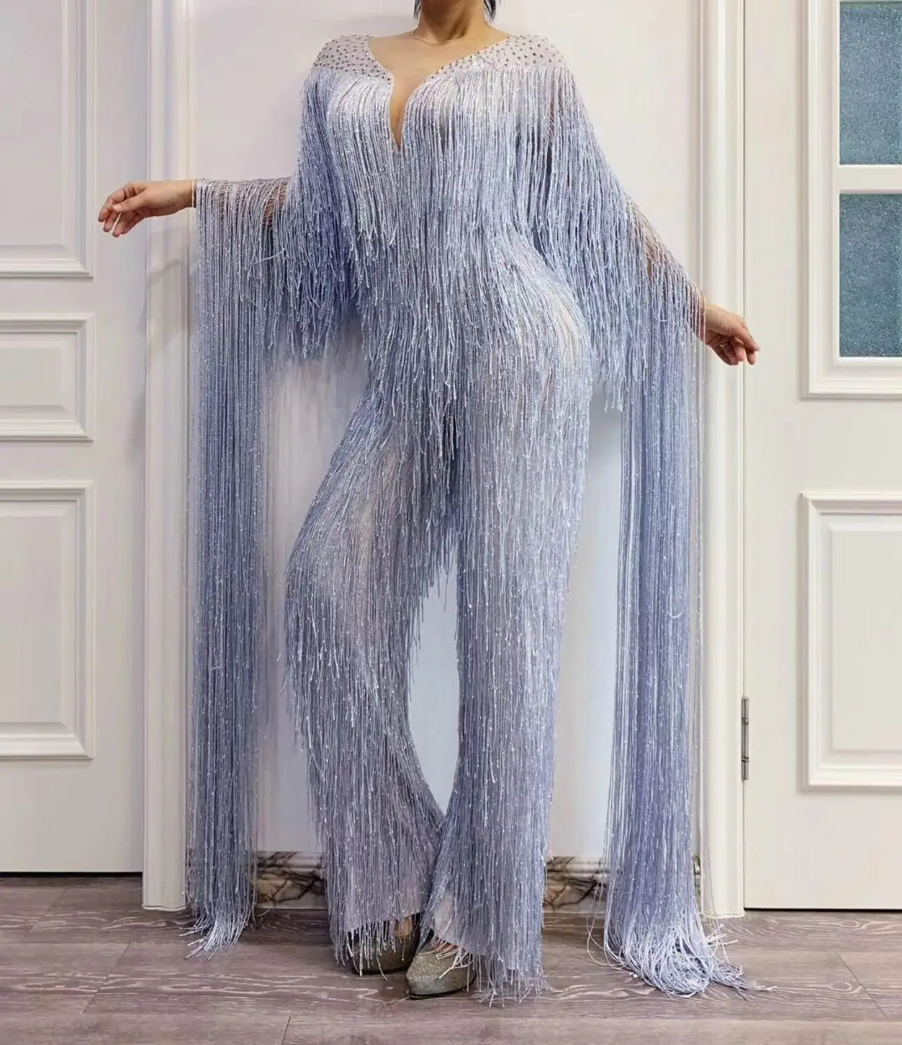 

Women New Long Fringe Rhinestones Shining Jumpsuit Birthday Celebrate Tassel Latin Dance Stage Leggings Singer Dancer Outfit